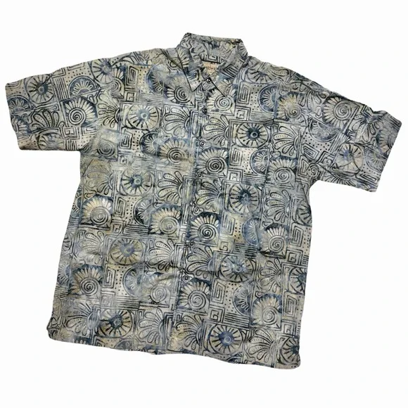 Johari West Batik Hawaiian Shirt Men's Large Blue 100% Cotton Short Sleeve Beach - Picture 4 of 8